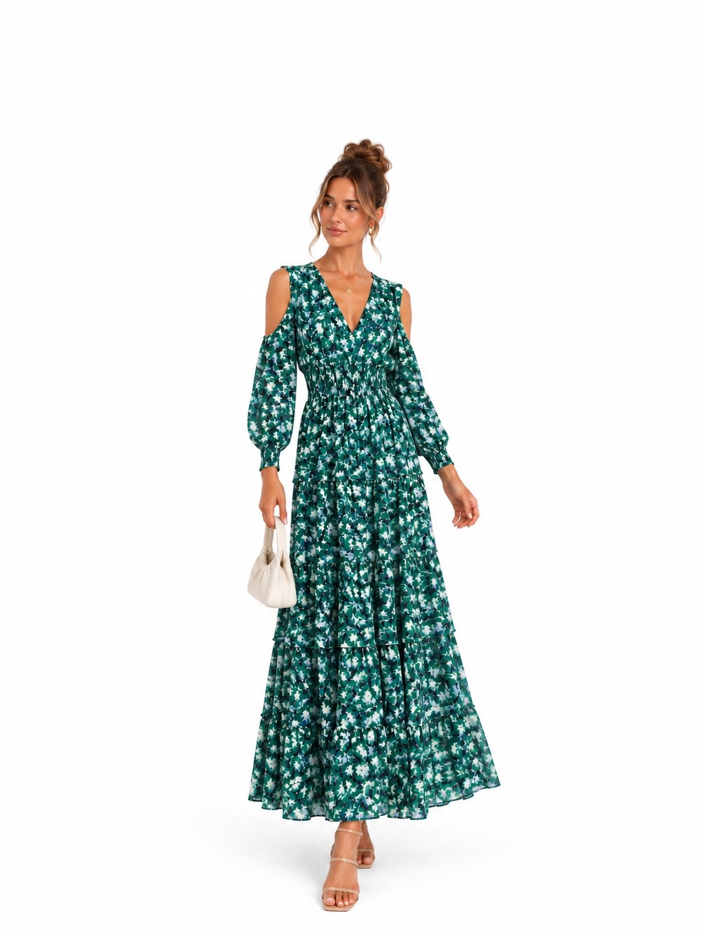 MISA Los Angeles Green Floral Cold Shoulder Maxi Dress – Size XS | NWT
